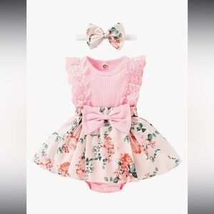 $15 sale YOUNGER TREE Baby Dress Infant Headband Romper Outfit floral Easter